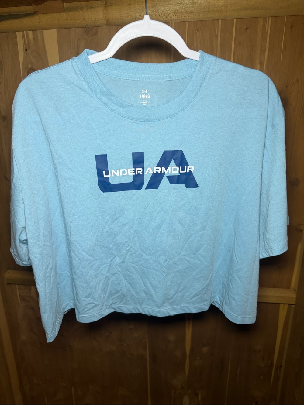 Under Armour Light Blue Crop Tee with Navy UA Logo - Women's